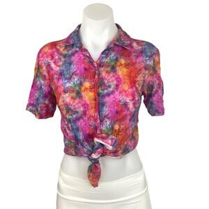 Pool Multicolor Tie Dye Short Sleeve Croppe Button Down Shirt Blouse Top Size 6